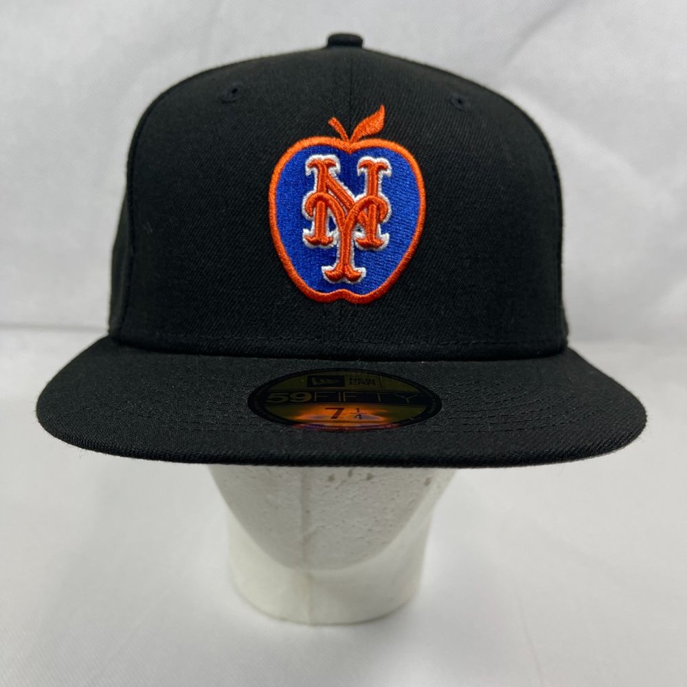 New Era 59Fifty NY METS BIG APPLE LOGO Black Orange FITTED HAT 7 1/4" GREY UV